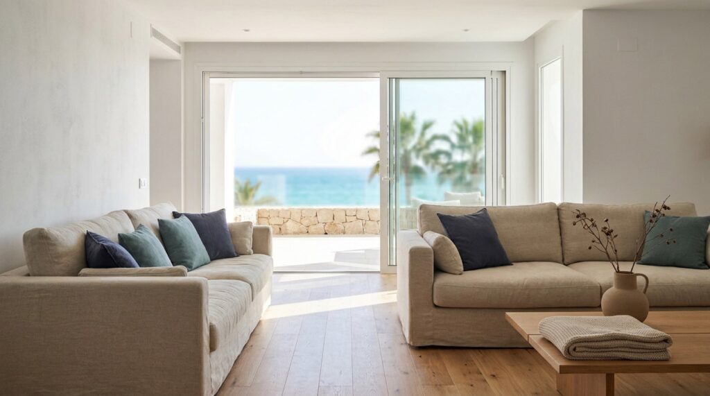 Salón de un apartamento turístico con vistas al mar en la Costa del Sol