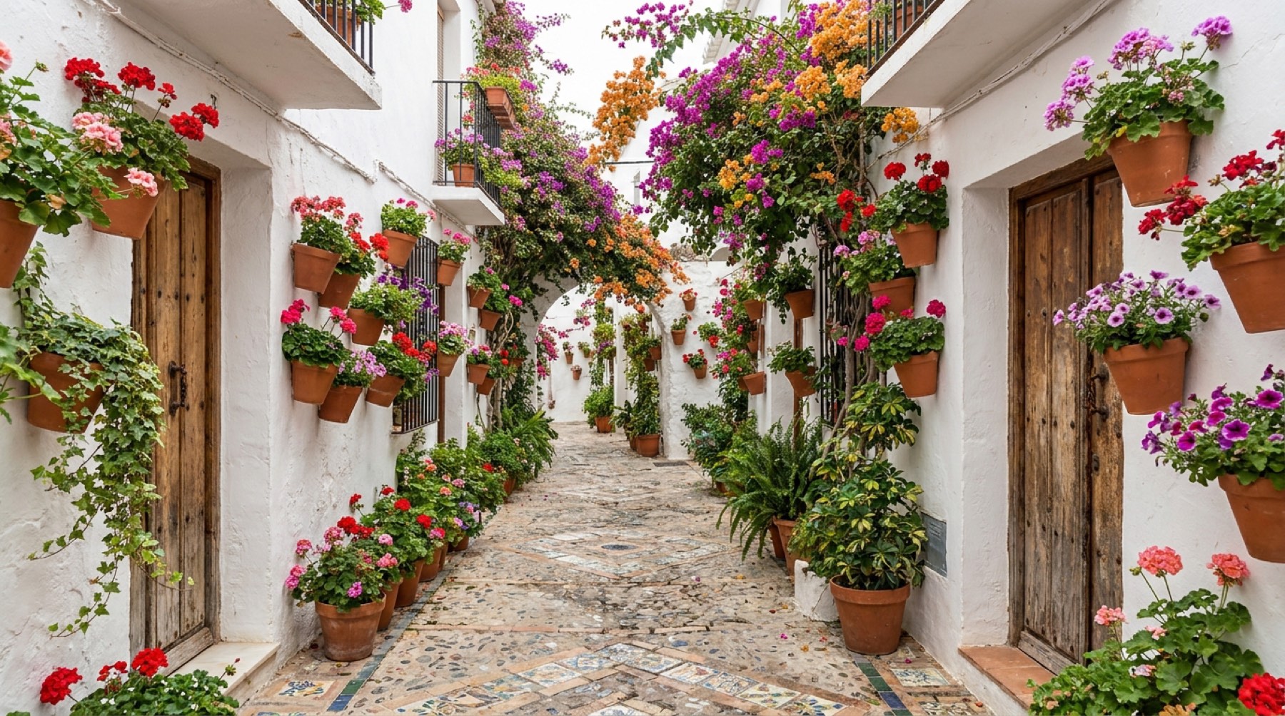 Calle del casco antiguo de Estepona repleta de macetas con flores