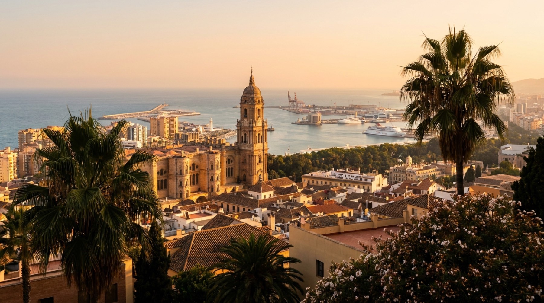 Vista de la catedral de Málaga, los tejados del centro histórico y el puerto