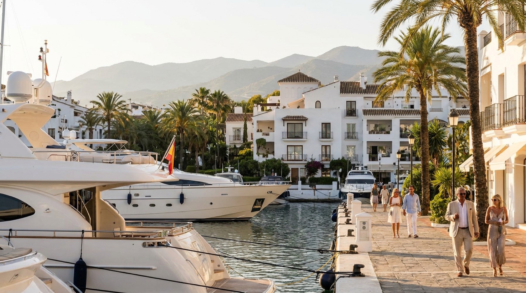 Puerto deportivo de Marbella con yates y arquitectura blanca andaluza