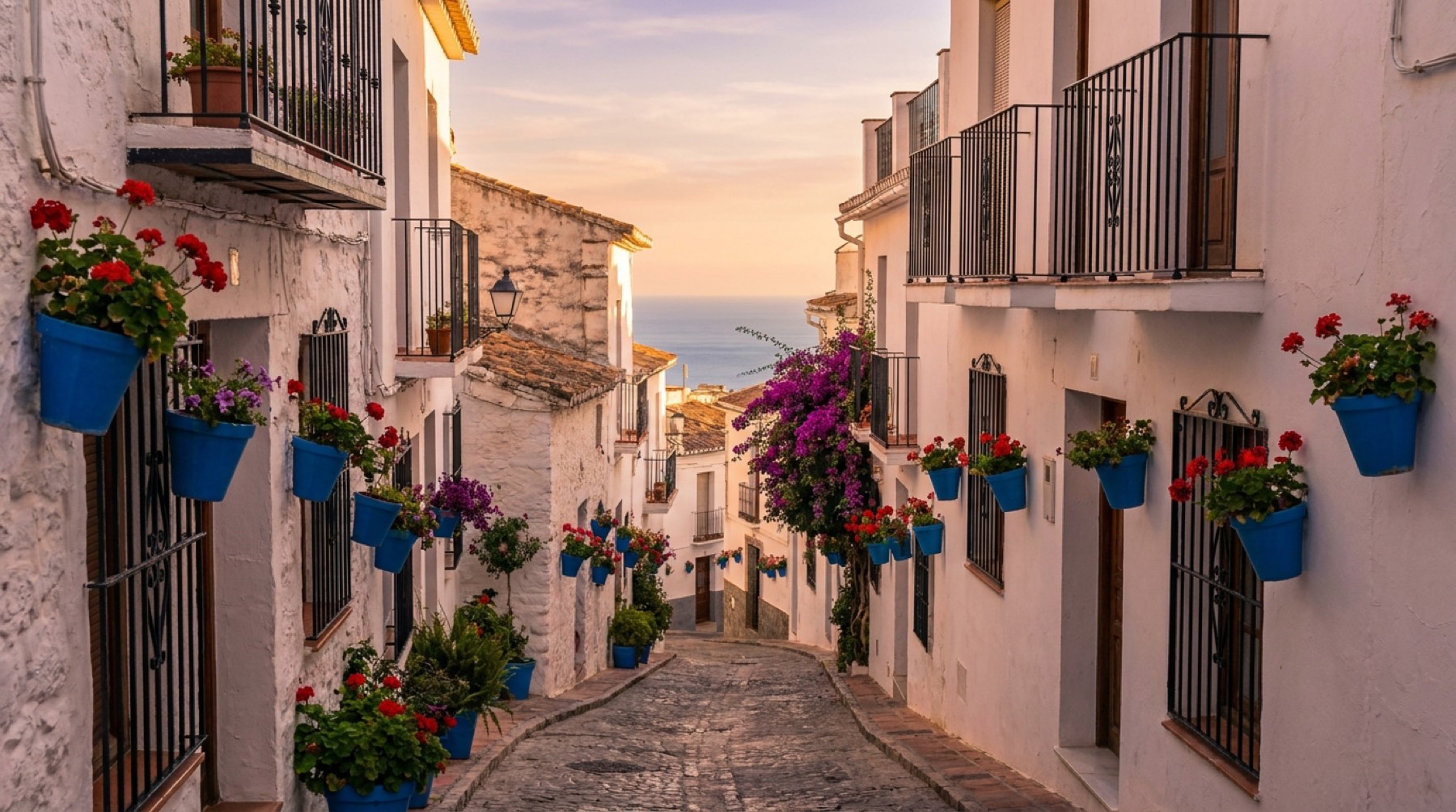 Calle encalada de Mijas Pueblo con macetas azules y el Mediterráneo al fondo